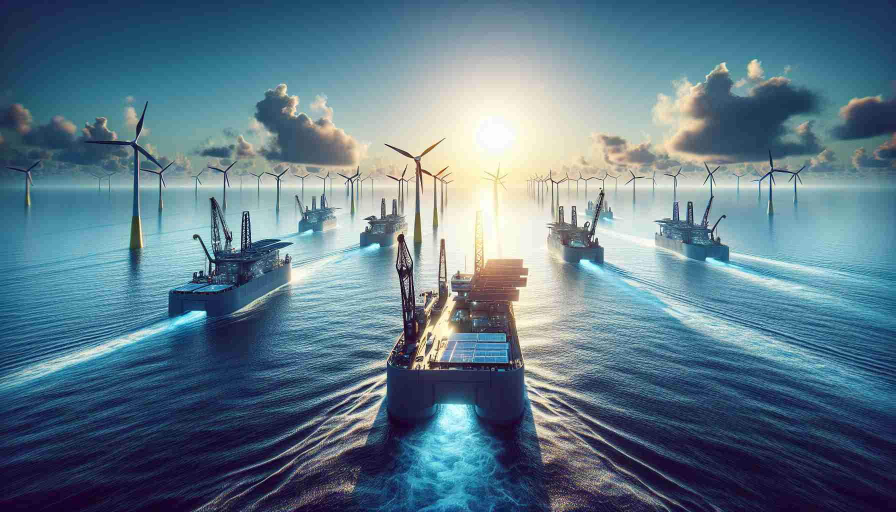 Generate a realistic HD image that depicts a set of revolutionary offshore vessels. These cutting-edge ships should be equipped with advanced technology to harness wind, solar and wave energy, effectively transforming the renewable energy sector. Show them actively engaged in their function in the middle of the ocean, surrounded by a vast expanse of water with the sun low on the horizon. The sky should be clear with a few clouds, symbolically representing a cleaner, greener future.