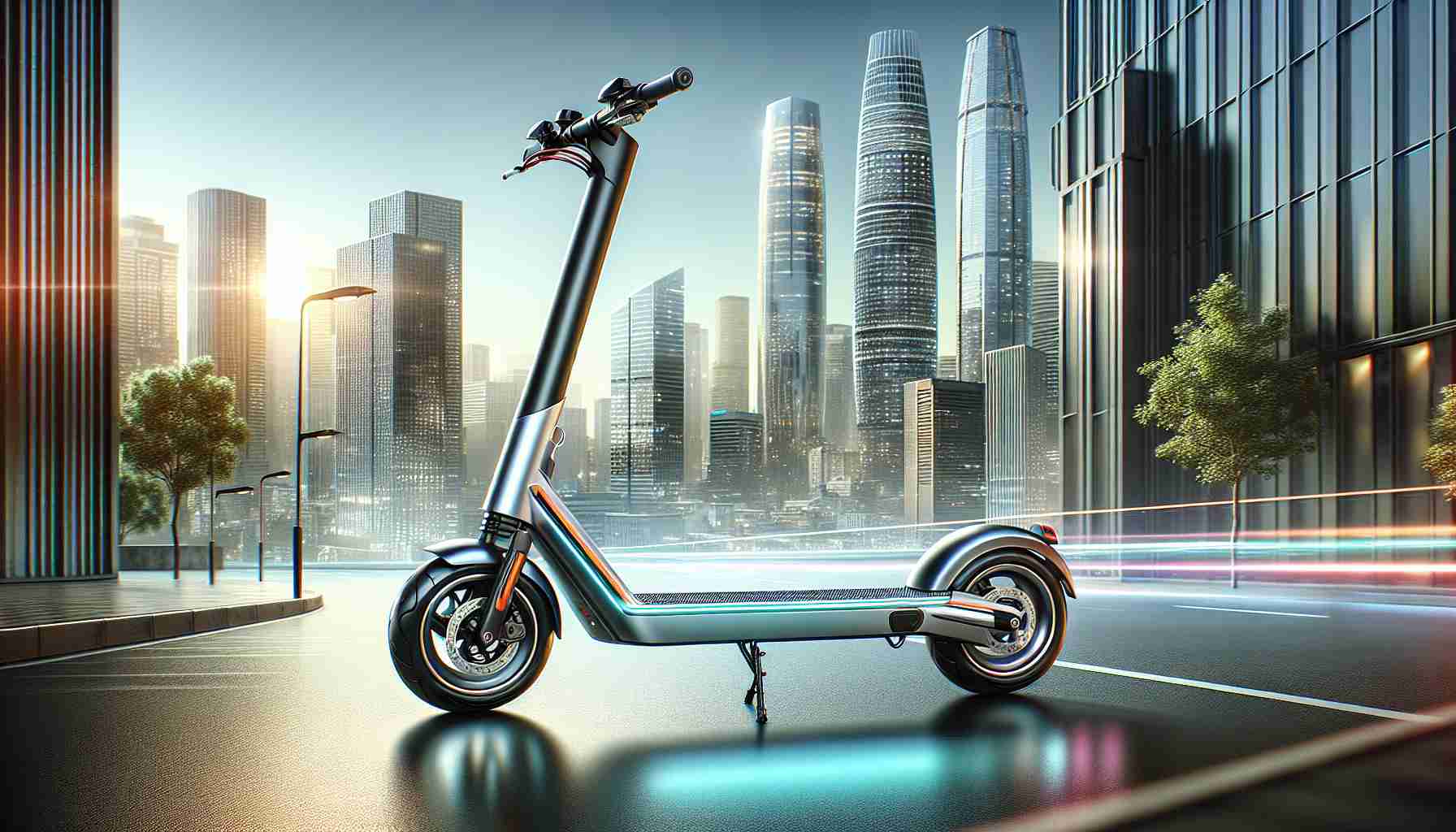 Visualize a cutting-edge electric scooter, a new brand set to change urban mobility. The design is sleek and modern with glossy metal and vibrant color schemes. It's loaded with innovative features for maximum efficiency and comfort. The scooter is parked on a city street, displaying a high-definition rendering of its appeal. Incorporate a skyscraper backdrop with bustling city life to reflect the concept of 'Urban Mobility Revolution'. Ensure the image possesses a realistic look and feel, capturing fine details, including the contours of the scooter and the lifelike cityscape.