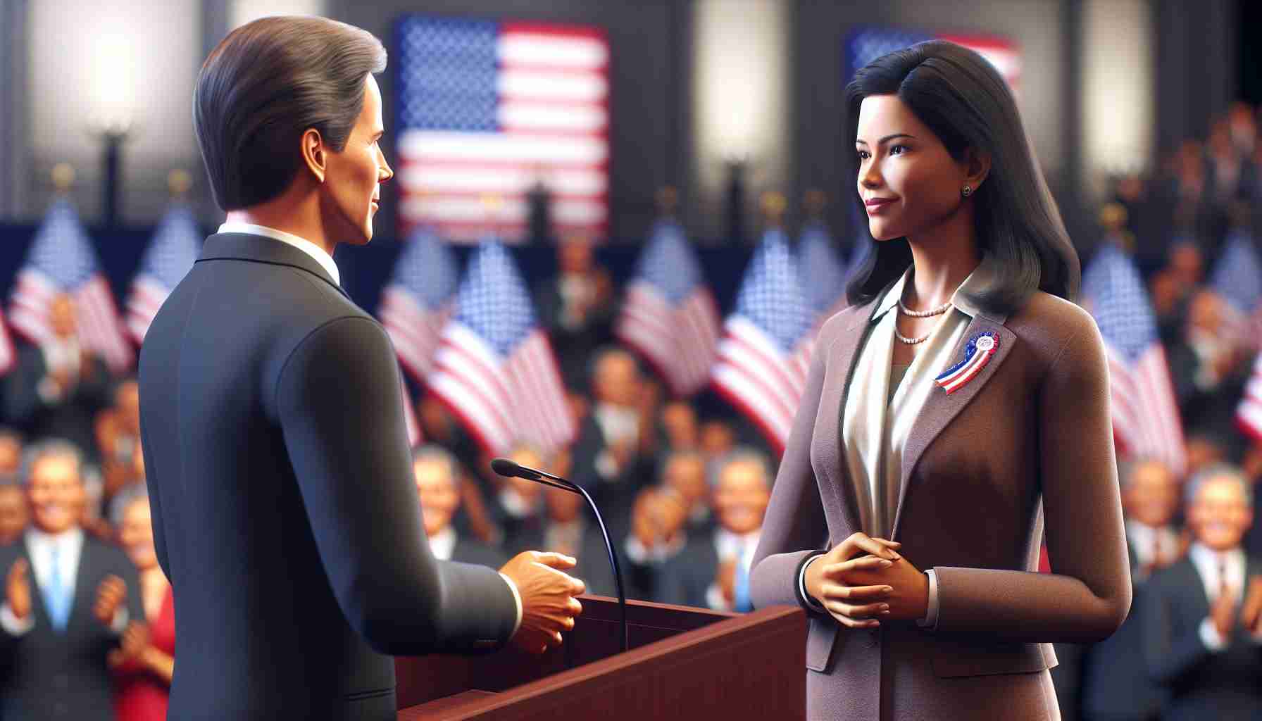 Realistic high-definition image of a historical event: an unidentified female politician, of South Asian descent, accepts a nomination after the decision of an unidentified male politician. She stands on a stage, formally dressed with a confident expression, while a crowd cheers in the background. The setting seems to be a political convention with American flags in the background.