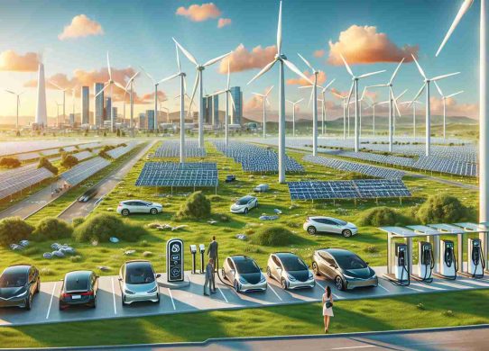 Generate a detailed, high-definition image depicting the transformation of energy consumption in America. The scene should show technological advancements in renewable energy sources replacing traditional ones. Illustrate a bright, sunny day with wind turbines spinning energetically on a vast green plain, solar panels spread across rooftops of buildings, EV charging stations in parking lots, and people of different genders and descents, such as a Hispanic woman and a Black man, interacting with these installations. The image should reflect progress, sustainability, and the hopeful future of American energy.