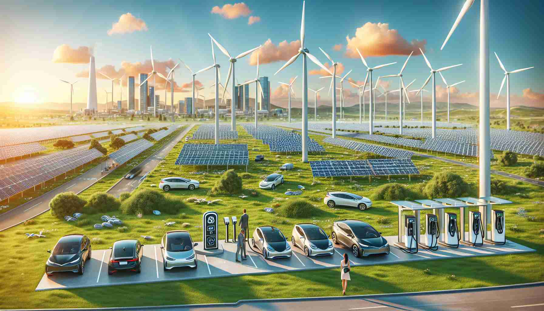 Generate a detailed, high-definition image depicting the transformation of energy consumption in America. The scene should show technological advancements in renewable energy sources replacing traditional ones. Illustrate a bright, sunny day with wind turbines spinning energetically on a vast green plain, solar panels spread across rooftops of buildings, EV charging stations in parking lots, and people of different genders and descents, such as a Hispanic woman and a Black man, interacting with these installations. The image should reflect progress, sustainability, and the hopeful future of American energy.