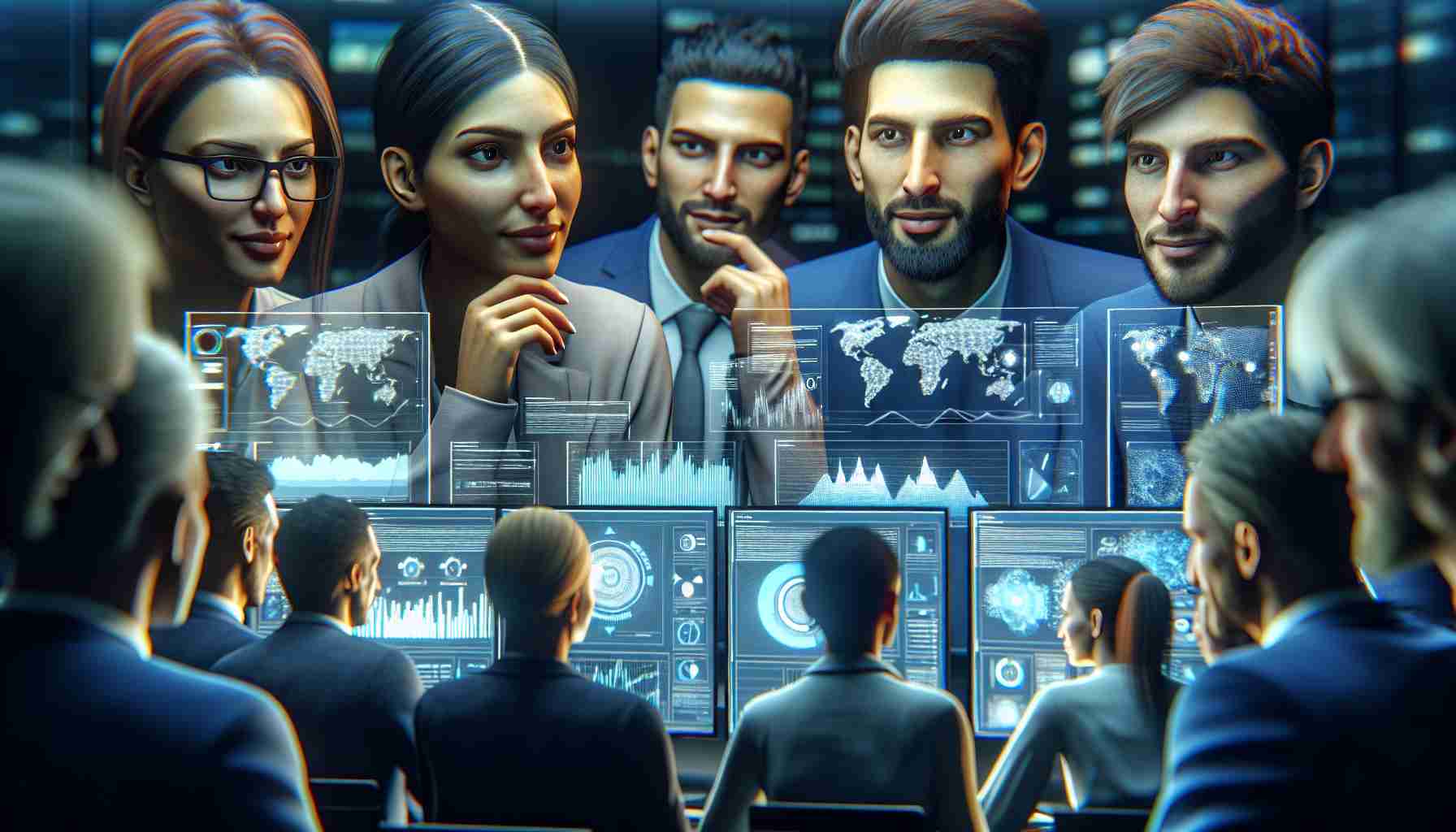 A realistic, high-definition image of a collection of analysts who are offering different perspectives on the future of American Power & Energy. These analysts are a diverse group, including a Hispanic woman, a Middle-Eastern man, and a Caucasian individual. They are intensely engaged in conversation, surrounded by screens displaying data and charts reflecting the state of the energy sector.