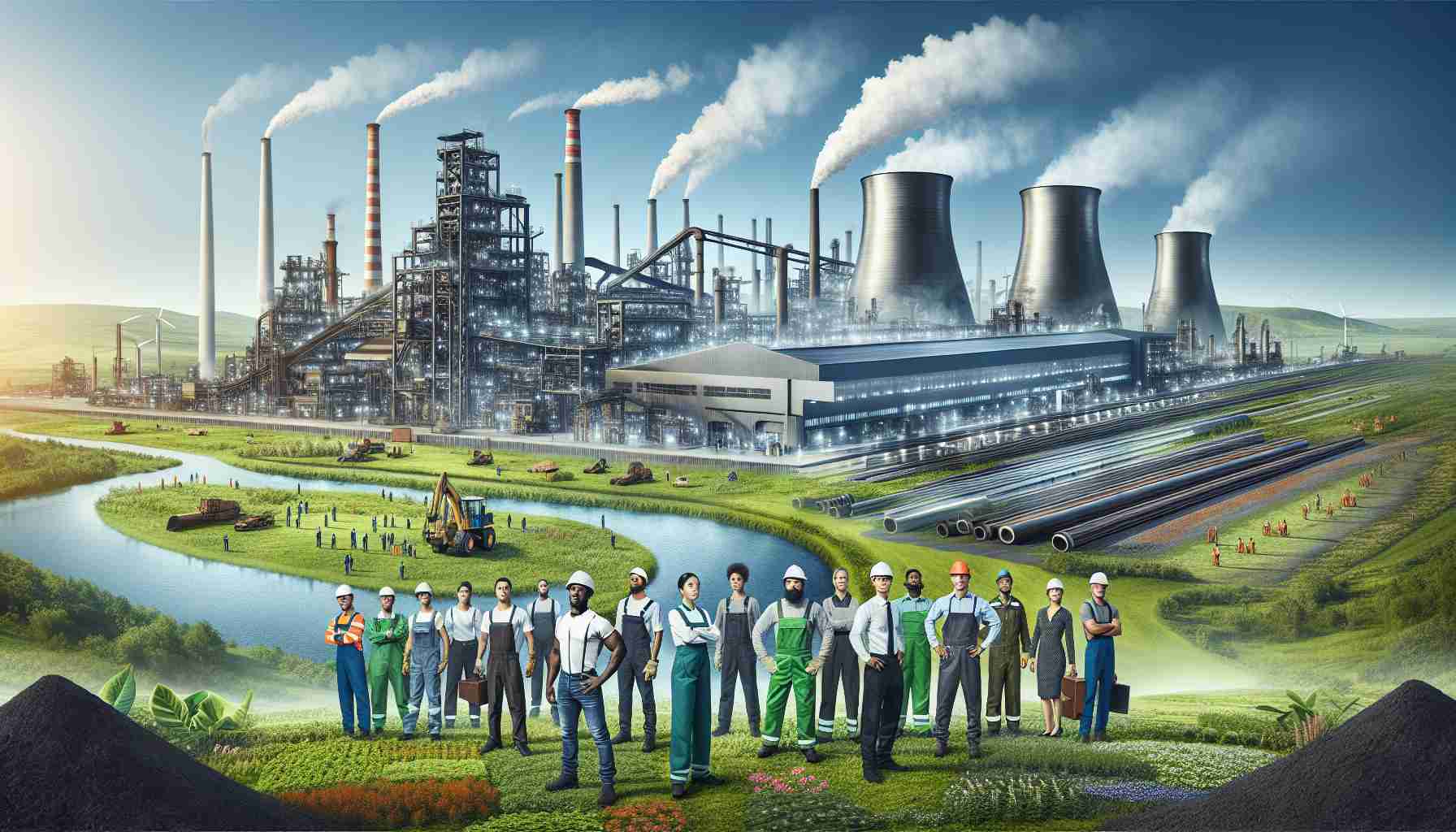 A detailed, high-definition image showcasing the bright future of the steel industry. It embodies cleaner technology and highlights a sustainable environment. The image foreground reveals a modern steel mill with smokeless chimneys, showcasing advancement in emission control. The workers visible are a diverse mix of genders and descents, including Caucasian, Hispanic, Black, Middle-Eastern, and South Asian individuals. They are engaged in various tasks, all wearing safety gear. In the background, a rejuvenated green landscape is clearly visible under a clear blue sky, symbolizing the harmony of industry with nature.