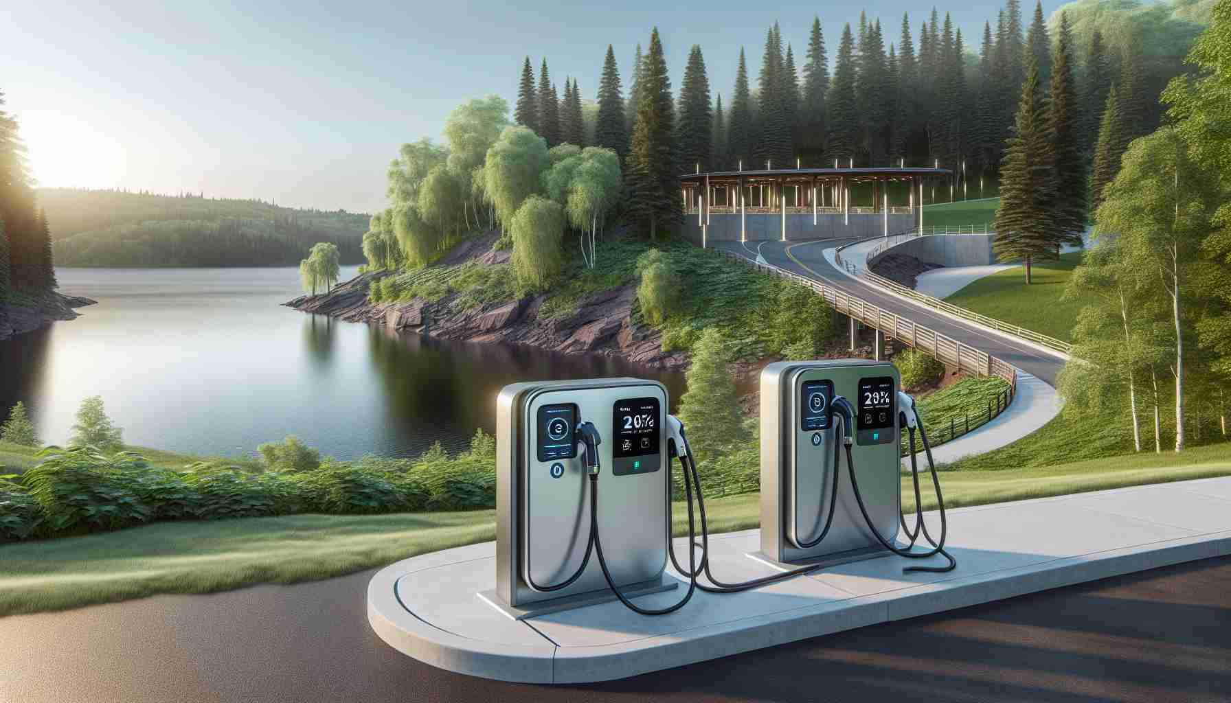 Generate a high-definition, realistic image of modern, newly-installed electric vehicle charging stations enhancing the infrastructure of a place. The setting should evoke Minnesota's distinctive landscape, possibly displaying some local features such as lakes and forests in the background. The charging stations are sleek, futuristic and environmentally friendly, integrated seamlessly into the infrastructure.