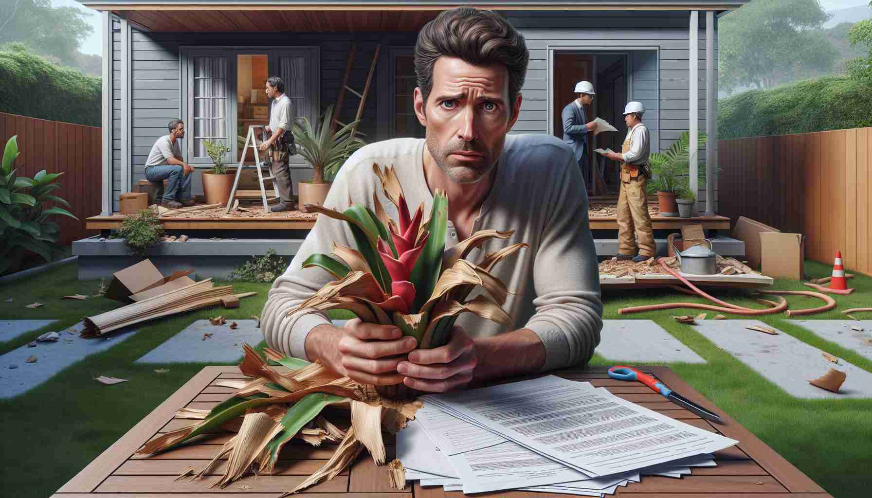 A very detailed and realistic high-definition image of a concerned Caucasian male homeowner holding pieces of broken exotic plant in his garden. He is standing by a house damaged by overgrown plant roots, expressing frustration. His eyes are drawn to the construction workers in the background, presumably discussing the situation. Pieces of paperwork indicating for some form of compensation request are laid on the adjacent teak table.