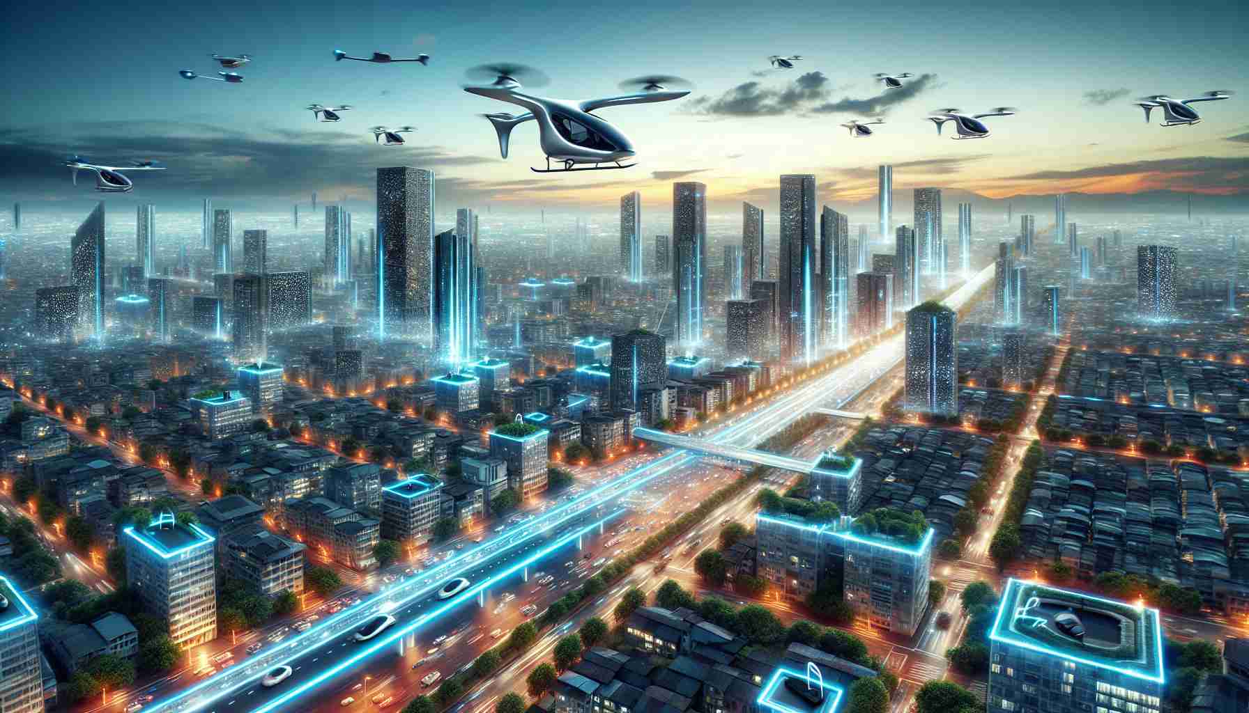 High-definition image capturing the innovative concept of electric air taxis, dramatically transforming urban transport. The scene includes a futuristic cityscape with high-rise buildings, bustling roads, and state-of-the-art electric air taxis taking off or landing on designated rooftops, illuminating the sky with their unique, eco-friendly design.