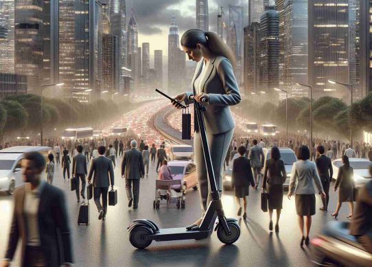 Imagine a highly realistic, high-definition cityscape during the evening rush hour. Streets are crowded with people of various descents and genders, each busy with their own activities. Among these people, focus on a woman of Middle-Eastern descent in professional attire, tinkering with a sleek and compact foldable electric scooter, illustrating a futuristic urban commuting scene. She is preparing to conquer the city streets, symbolizing a sustainable, efficient and modern approach to transportation.