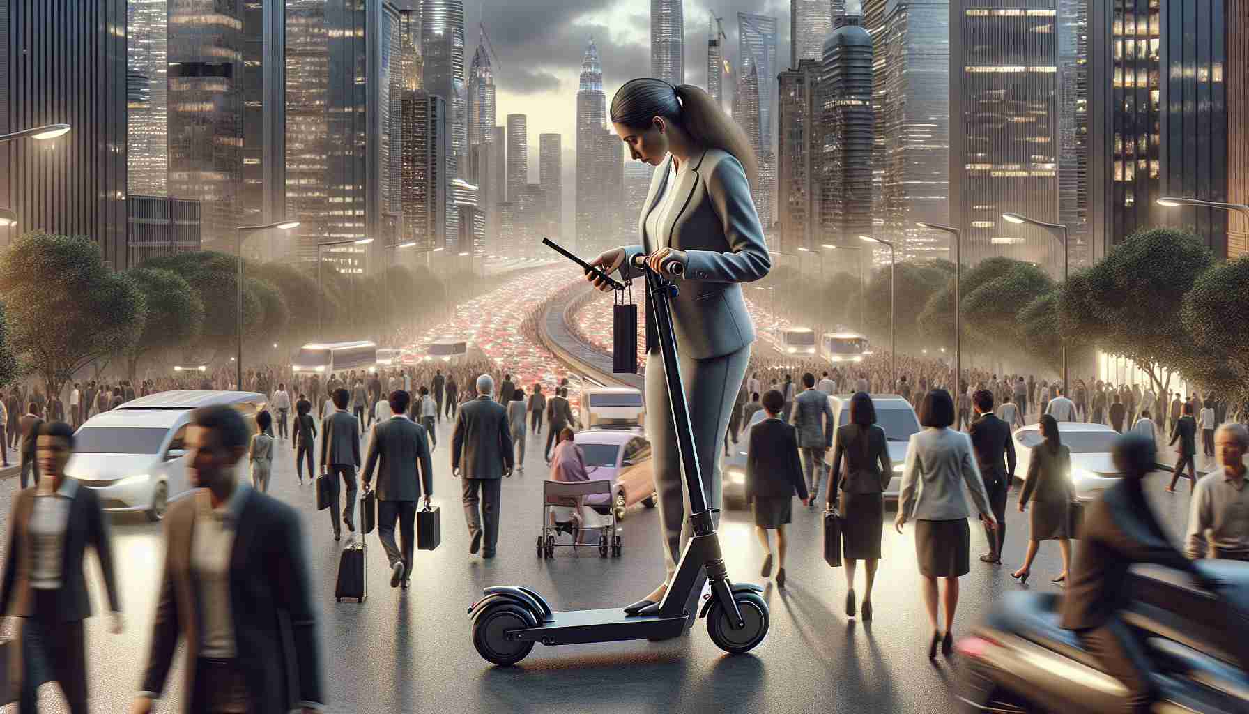 Imagine a highly realistic, high-definition cityscape during the evening rush hour. Streets are crowded with people of various descents and genders, each busy with their own activities. Among these people, focus on a woman of Middle-Eastern descent in professional attire, tinkering with a sleek and compact foldable electric scooter, illustrating a futuristic urban commuting scene. She is preparing to conquer the city streets, symbolizing a sustainable, efficient and modern approach to transportation.