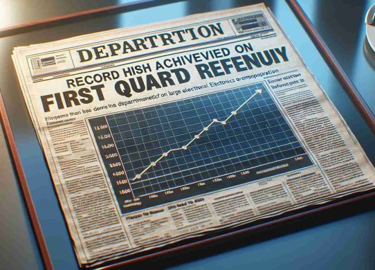 Picture showing a newspaper headline that reads 'Record High Achieved in First Quarter Revenue' under a department specific to a large, unnamed electronics corporation, with the article accompanied by a generic line graph showing a significant incline in profits for the first quarter. The setting takes place in a realistic, high-definition environment.