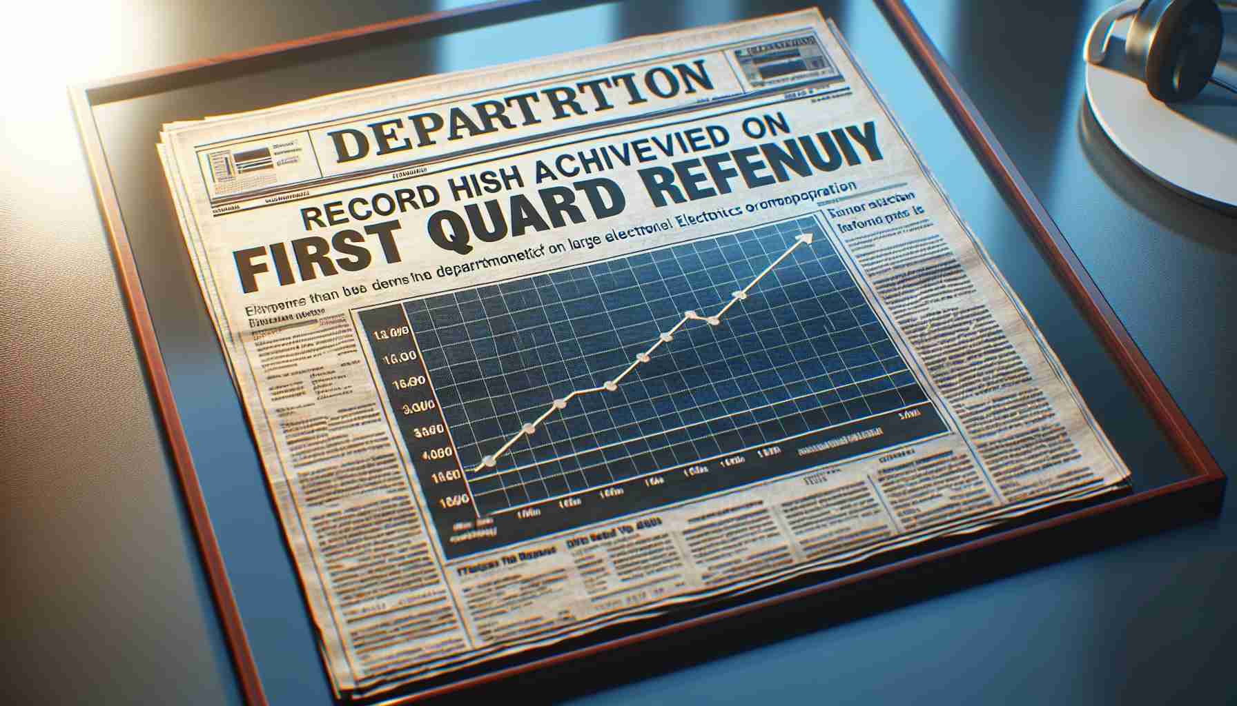 Picture showing a newspaper headline that reads 'Record High Achieved in First Quarter Revenue' under a department specific to a large, unnamed electronics corporation, with the article accompanied by a generic line graph showing a significant incline in profits for the first quarter. The setting takes place in a realistic, high-definition environment.