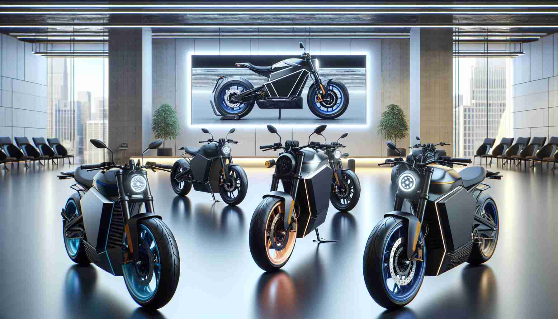 A highly detailed and realistic image displaying an exciting new range of electric motorcycles. These sleek and modern bikes are part of a collection released by a leading environmentally-conscious transportation company, known as Green Wheels. They boast innovative design elements, color variations from bold blues to sophisticated blacks, and advanced technological features that emphasize on eco-friendly functionalities. A backdrop of a minimalist showroom enhances their visual appeal, setting a chic and contemporary vibe that appeals to the tech-savvy and environmentally mindful consumers interested in sustainable mobility solutions.