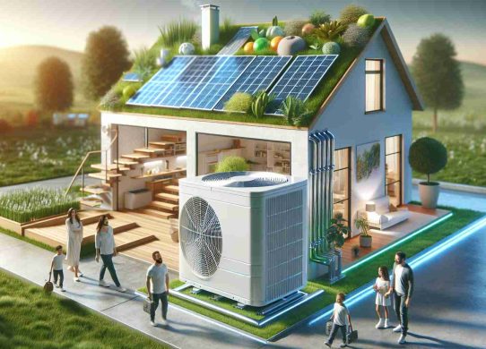 A high-definition, realistic image showing the transition to eco-friendly homes. The main focus is electric heat pumps, with their distinctive design and prominent placement. Show a contemporary dwelling with energy-saving innovations, such as solar panels, green roofs, and insulated windows. A family of diverse ethnicities should be seen interacting around the pump, indicative of their roles as homeowners or installers. There's a feeling of progression and modernity, signifying a shift towards sustainable living.