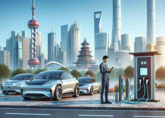 Create a high-detail, realistic image presenting advancements in green energy, particularly in the Electric Vehicle (EV) market, focused on a setting in China. The scene should include the view of a modern Chinese cityscape in the background with skyscrapers against a blue sky. On the foreground, electric cars of various designs should be charging at a futuristic charging station. Add a few individuals around, showcasing an Asian descent man in business attire looking at his smartphone, a Caucasian woman plugging a car into the charger, and a Middle-Eastern child curiously observing the process.