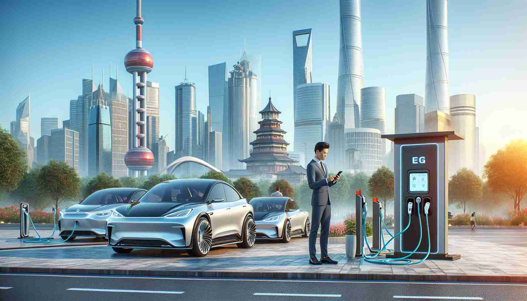 Create a high-detail, realistic image presenting advancements in green energy, particularly in the Electric Vehicle (EV) market, focused on a setting in China. The scene should include the view of a modern Chinese cityscape in the background with skyscrapers against a blue sky. On the foreground, electric cars of various designs should be charging at a futuristic charging station. Add a few individuals around, showcasing an Asian descent man in business attire looking at his smartphone, a Caucasian woman plugging a car into the charger, and a Middle-Eastern child curiously observing the process.