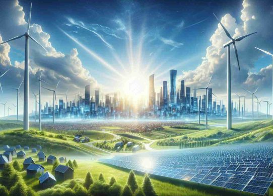 Create a high-definition, realistic image displaying the rise of renewable energy in Europe. It should have elements depicting solar panels under the radiant sun, towering wind turbines against the skyline, and a futuristic cityscape powered by green energy in the distance. Also, accentuate the optimism in this scene through bright, clear skies and lush green landscape, symbolizing a promising future powered by renewable energy.