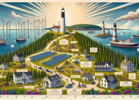 An informative, realistic HD illustrated timeline that depicts the evolution of sustainable energy regulations in Maine. The timeline should start from the initiation of policies related to renewable energy sources and end with the present day. It should cover significant milestones, such as the introduction of any major legislation, development of infrastructure like solar farms or windmills, and changes in energy use patterns over time. The design should also incorporate Maine's iconic elements like lighthouses, pine forests, and blueberry fields as background.