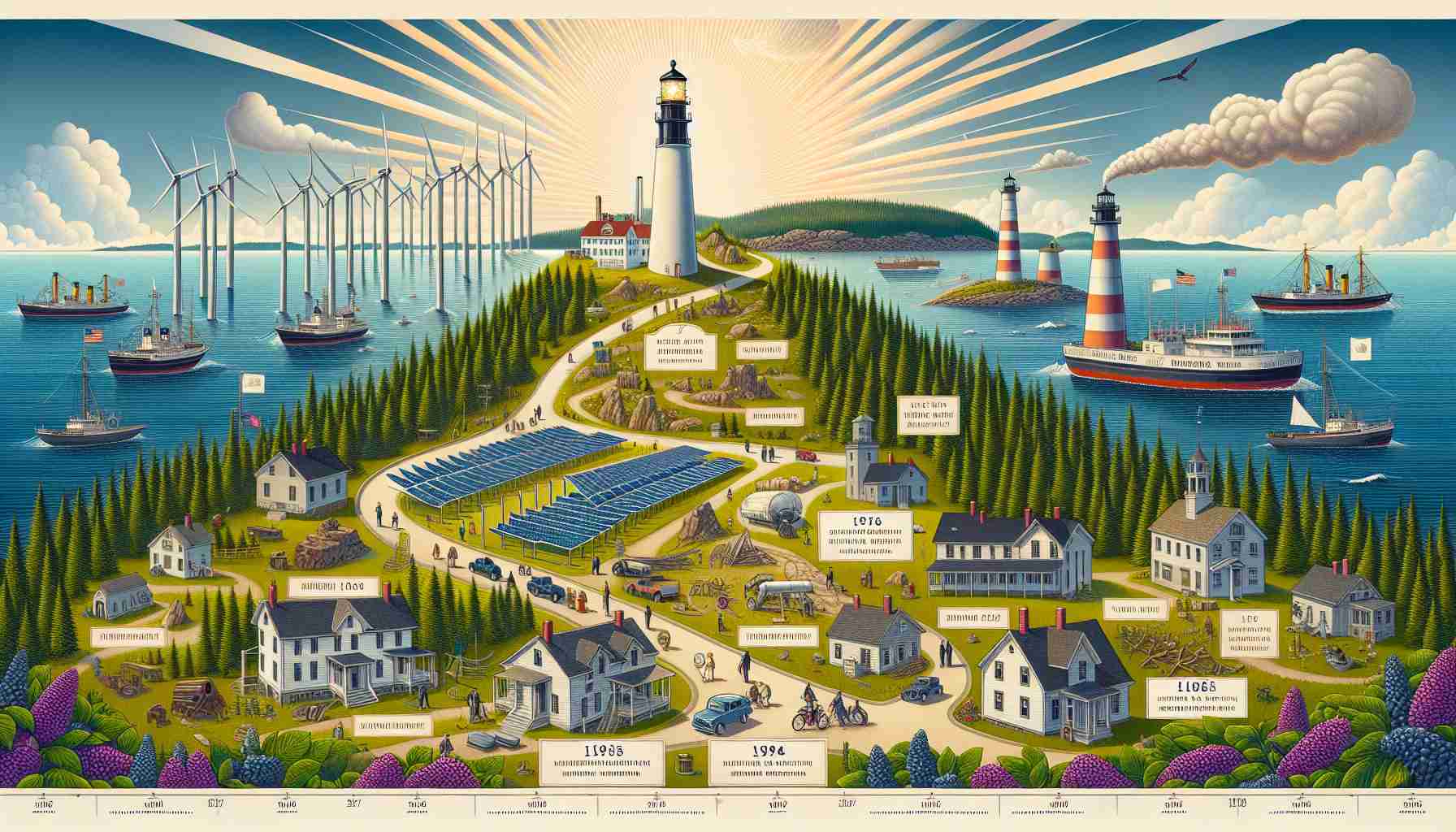 An informative, realistic HD illustrated timeline that depicts the evolution of sustainable energy regulations in Maine. The timeline should start from the initiation of policies related to renewable energy sources and end with the present day. It should cover significant milestones, such as the introduction of any major legislation, development of infrastructure like solar farms or windmills, and changes in energy use patterns over time. The design should also incorporate Maine's iconic elements like lighthouses, pine forests, and blueberry fields as background.