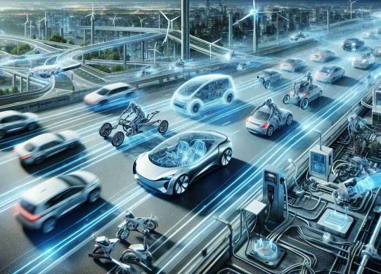 A highly detailed and realistic image showcasing the future of electric mobility. The scene could depict advanced electric vehicles, including cars, bikes, and possibly even drones, all powered by sustainable, cutting-edge technology. The vehicles are seen in various stages of motion, demonstrating their speed and efficiency. Infrastructure such as charging stations and solar panels suggests a shift towards renewable energy. This image should be in Full HD, highlighting the sharpness and intricacy of each element. This visionary projection of electric mobility represents its revolutionary advances.