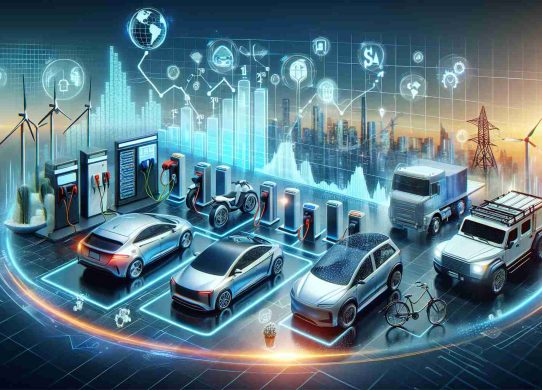 High-definition, realistically-styled image depicting the electric vehicle market trends happening in July 2024. This should include a visual representation of various types of electric vehicles like cars, bikes, and trucks along with possible price tags, charging stations, and growth charts to signify market expansion. In the background, incorporate symbols of alternative energy sources which power these vehicles, such as solar panels and wind turbines. Exemplify a futuristic technological aura in the overall depiction.