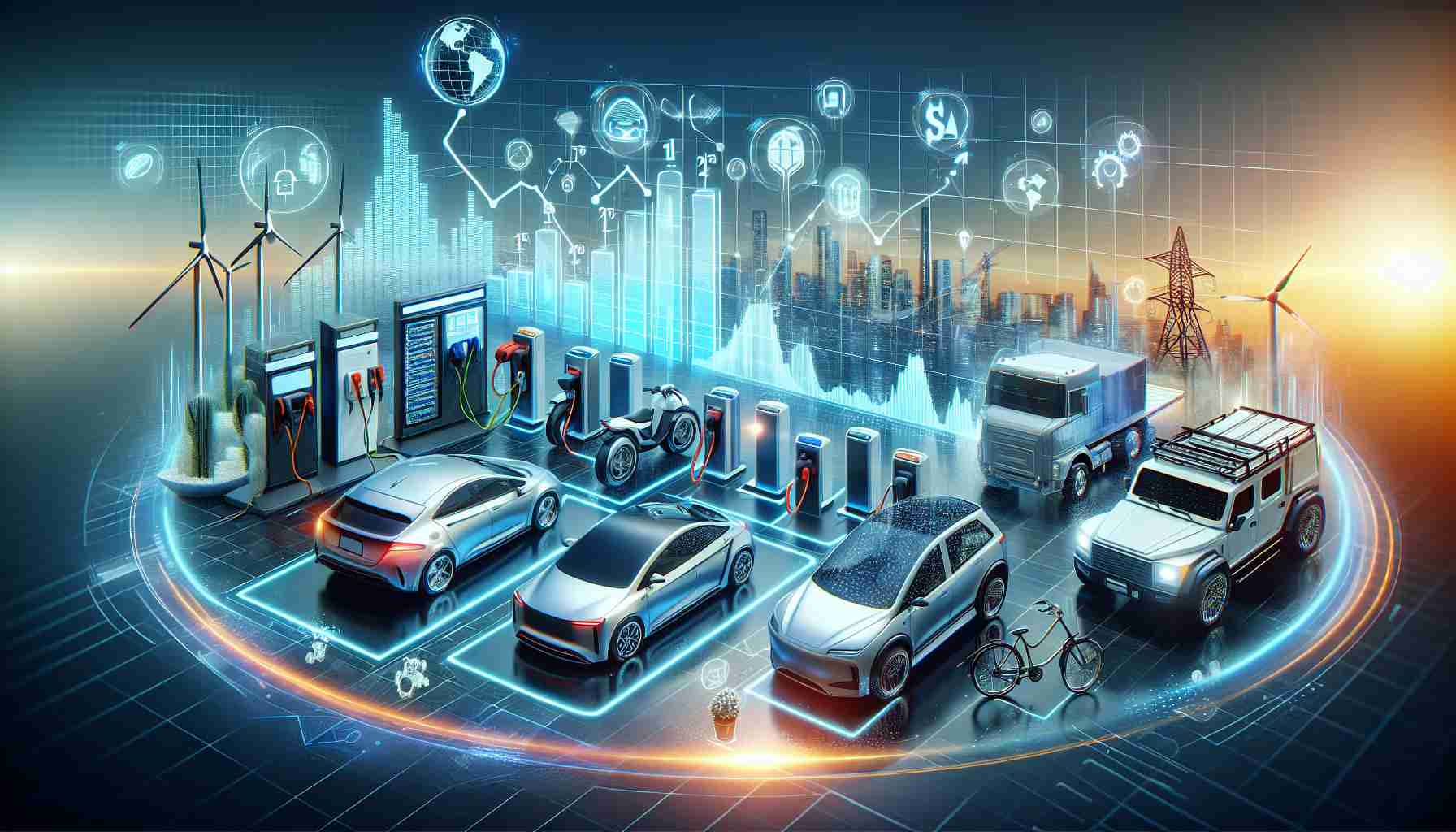 High-definition, realistically-styled image depicting the electric vehicle market trends happening in July 2024. This should include a visual representation of various types of electric vehicles like cars, bikes, and trucks along with possible price tags, charging stations, and growth charts to signify market expansion. In the background, incorporate symbols of alternative energy sources which power these vehicles, such as solar panels and wind turbines. Exemplify a futuristic technological aura in the overall depiction.