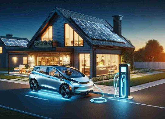 High-definition, realistic image showing the concept of revolutionizing home power with the use of electric vehicles. It could display a modern suburban home with solar panels on the roof and an electric vehicle parked in the driveway. The car is plugged into a charging station that is connected to the home. The charging station indicates the power level and is glowing, symbolizing the energy flow. There's an indication of the electric power being used inside the home to power various appliances. This image conveys the idea of a sustainable future and advanced technology.