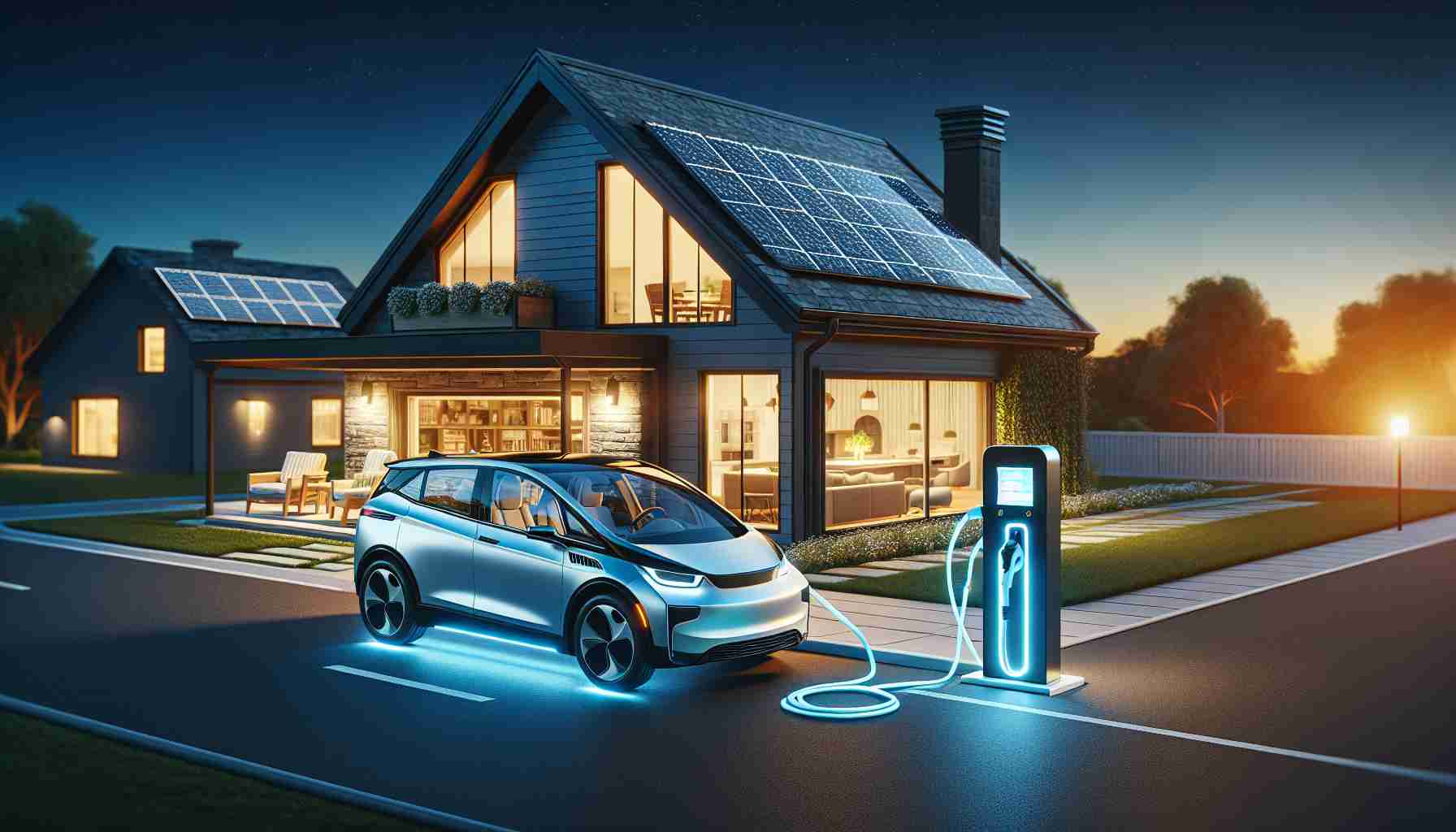 High-definition, realistic image showing the concept of revolutionizing home power with the use of electric vehicles. It could display a modern suburban home with solar panels on the roof and an electric vehicle parked in the driveway. The car is plugged into a charging station that is connected to the home. The charging station indicates the power level and is glowing, symbolizing the energy flow. There's an indication of the electric power being used inside the home to power various appliances. This image conveys the idea of a sustainable future and advanced technology.