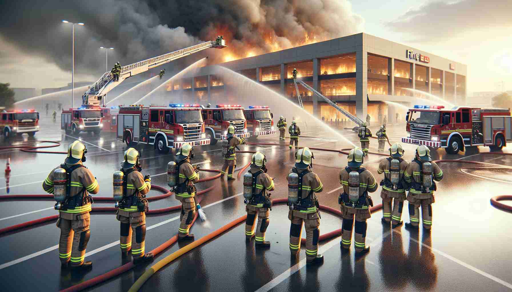 Realistic high-definition image of a group of firefighters of diverse descents and genders, geared up with full safety equipment, actively managing a large fire at a local shopping mall. The fire trucks should have their lights on, ladders extended, and hoses in use, belching water to douse the flames. The sky is filled with smoke, making the scenery intense. Emphasize the effort of the firefighters team, showcasing bravery and cooperation.