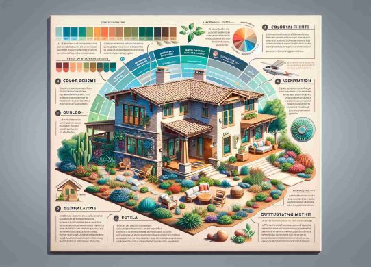 A highly detailed, high-definition image displaying a variety of tips for designing a cool and comfortable home in Santa Clarita, California. This should include a chart or infographic detailing essential design elements such as color schemes suited for the warm local climate, use of sustainable materials, ventilation methods, and outdoor features to offer respite from the heat. It should also include a small suburban house exemplifying these design principles, with a well-maintained garden, and surrounded by native Californian vegetation.