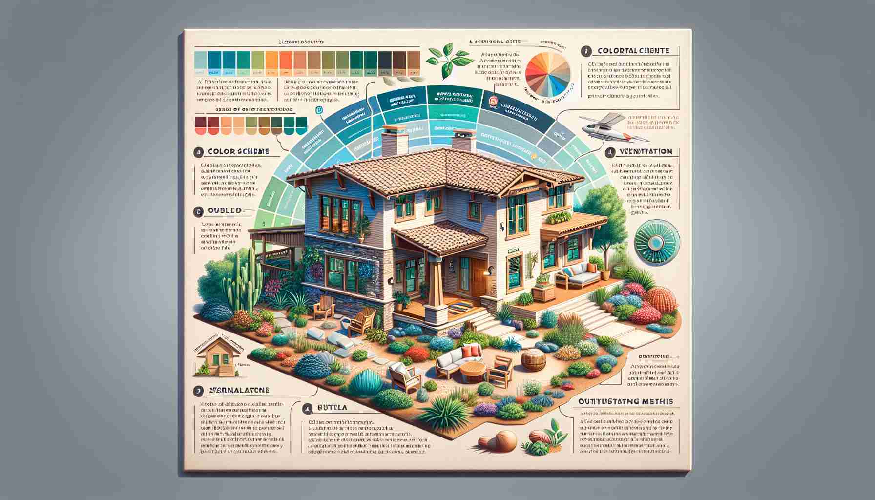 A highly detailed, high-definition image displaying a variety of tips for designing a cool and comfortable home in Santa Clarita, California. This should include a chart or infographic detailing essential design elements such as color schemes suited for the warm local climate, use of sustainable materials, ventilation methods, and outdoor features to offer respite from the heat. It should also include a small suburban house exemplifying these design principles, with a well-maintained garden, and surrounded by native Californian vegetation.