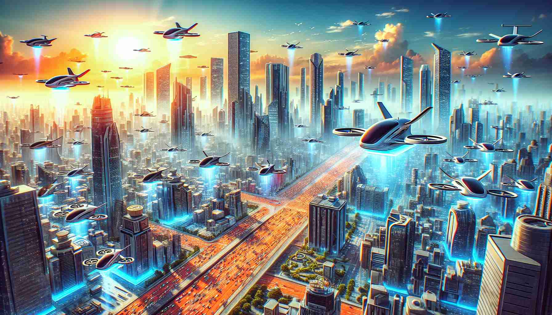 A vivid and realistic high-resolution image depicting the transformation in urban air mobility. It portrays a futuristic scene where autonomous electric aircraft are revolutionizing travel. There are several orders of these advanced vehicles being secured, signaling a major shift in the industry. Noteworthy is a unique flying vehicle design, it's tailor-made for urban environments with vertical take-off and landing capability. The backdrop is a bustling city with skyscrapers all around and the sky filled with such flying vehicles. The city below is humming with activity and the sense of a new era in urban transportation is palpable.