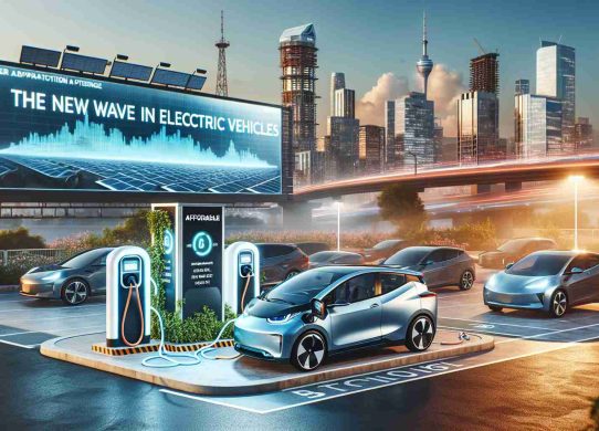 A realistic high-definition representation of how affordable electric vehicles (EVs) are unlocking potential in the automotive industry. It features trends and innovations driving this new wave. In the foreground, an affordable EV is plugged into a charging station. The setting is a cityscape that demonstrates the sustainability and convenience EVs bring to urban environments, with solar-powered charging ports, and parked EVs of diverse designs. In the background, a billboard illustrates increasing EV adoption stats graphically and the text 'The New Wave in Electric Vehicles'. Include visible details such as the electric grid, the sleek design of the EV, and LED-lit charging station.