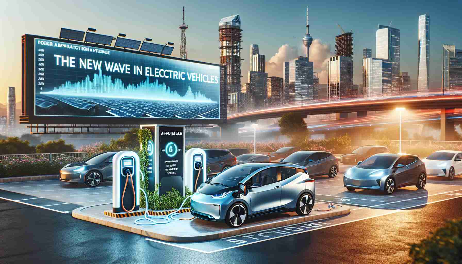 A realistic high-definition representation of how affordable electric vehicles (EVs) are unlocking potential in the automotive industry. It features trends and innovations driving this new wave. In the foreground, an affordable EV is plugged into a charging station. The setting is a cityscape that demonstrates the sustainability and convenience EVs bring to urban environments, with solar-powered charging ports, and parked EVs of diverse designs. In the background, a billboard illustrates increasing EV adoption stats graphically and the text 'The New Wave in Electric Vehicles'. Include visible details such as the electric grid, the sleek design of the EV, and LED-lit charging station.