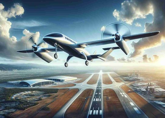 High definition image of revolutionizing air travel, featuring an electric aircraft made by an innovation-focused aviation company as it takes flight. The aircraft is futuristic and sleek, showcasing the latest in electric propulsion technology. Surrounding scenery includes an expansive sky and an airport runway below. Vital details such as the streamlined body of the aircraft, propellers and wings are all clearly visible, capturing the essence of this radical shift in aviation technology.