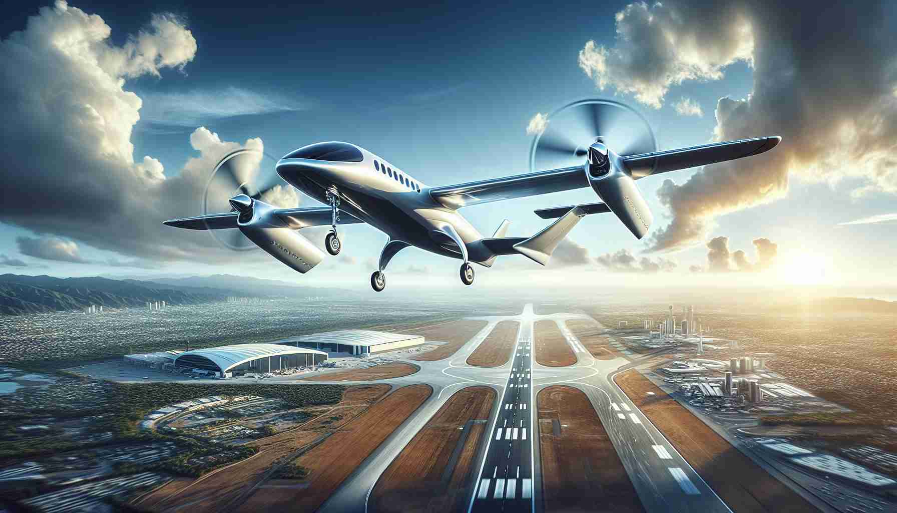 High definition image of revolutionizing air travel, featuring an electric aircraft made by an innovation-focused aviation company as it takes flight. The aircraft is futuristic and sleek, showcasing the latest in electric propulsion technology. Surrounding scenery includes an expansive sky and an airport runway below. Vital details such as the streamlined body of the aircraft, propellers and wings are all clearly visible, capturing the essence of this radical shift in aviation technology.