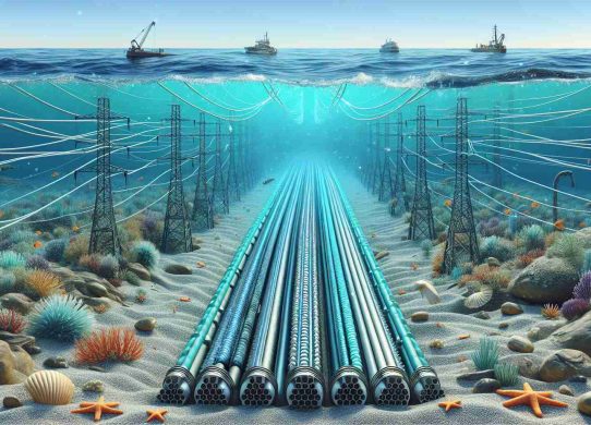 Generate a realistic, high-definition image of an undersea electrical power cable. The cable should be designed to withstand the harsh conditions at the ocean bottom, with appropriate tethers and protective layers. The surrounding marine environment should feature various elements native to the ocean floor such as corals, starfish, and other forms of aquatic life. The seabed itself could also contain elements like rocks, sand, and remnants of underwater geological events. The concept communicated should convey the revolutionary change in energy distribution.