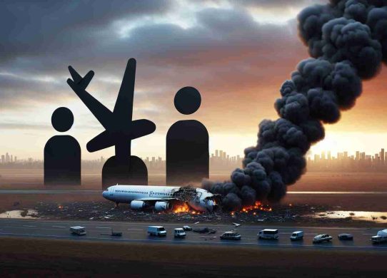 Realistic high-definition image of a disastrous airplane crash site near a nondescript city, emphasizing the severity of the incident. A plane wreckage is scattered on the ground, with billows of smoke rising from the debris. Three symbolic shapes in black, possibly abstract figures or silhouettes, are arranged near the crash site to represent the lost lives.