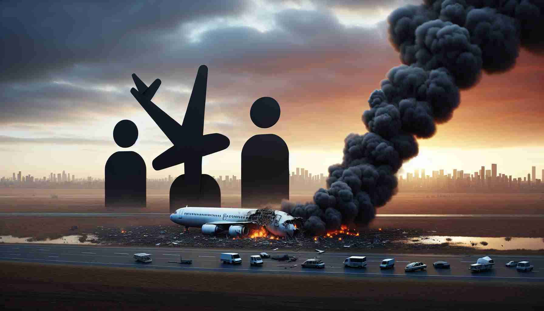 Realistic high-definition image of a disastrous airplane crash site near a nondescript city, emphasizing the severity of the incident. A plane wreckage is scattered on the ground, with billows of smoke rising from the debris. Three symbolic shapes in black, possibly abstract figures or silhouettes, are arranged near the crash site to represent the lost lives.