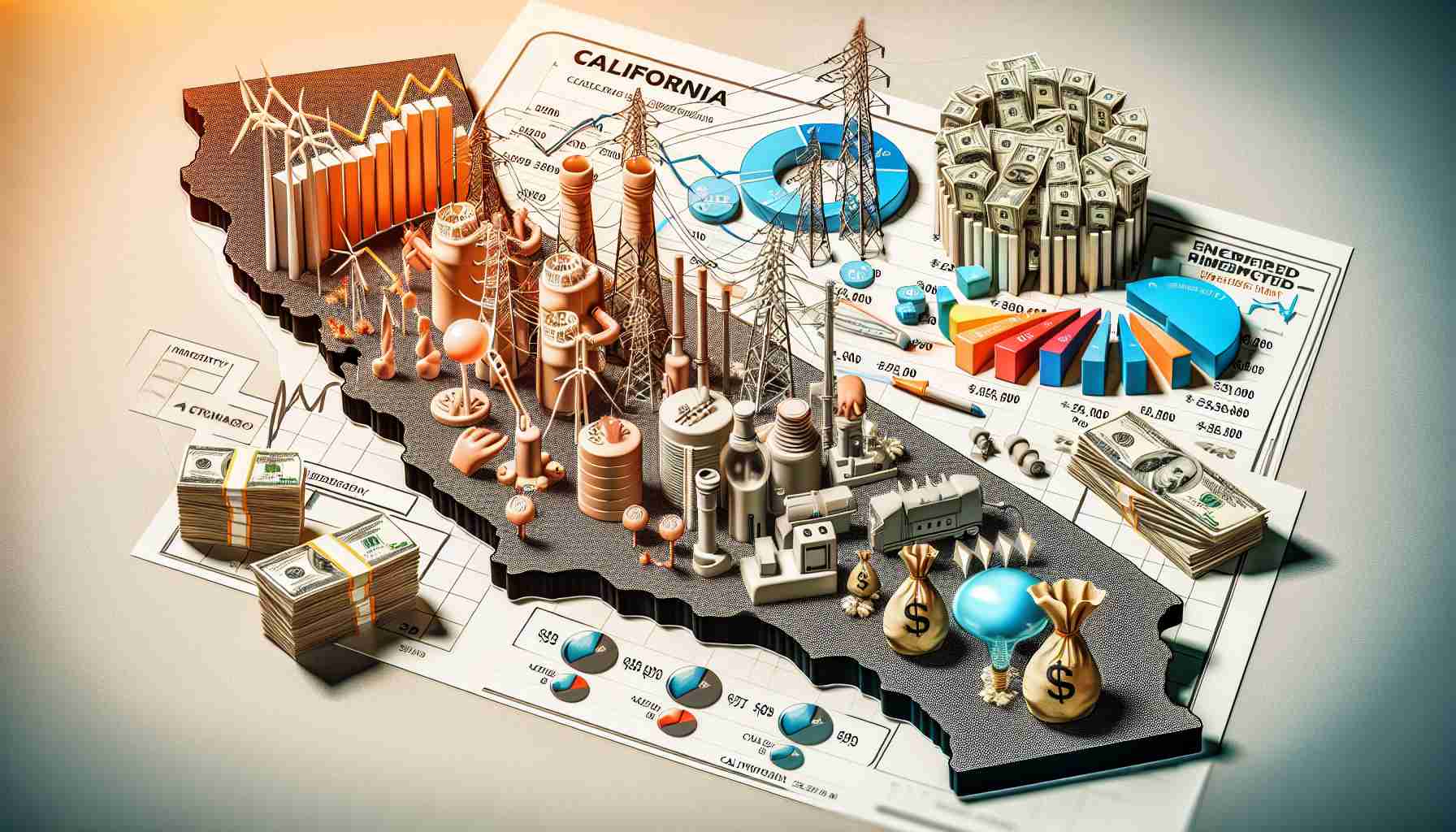 An illustrated image in a highly detailed, realistic style, showing the concept of inflated pricing in California's energy market. The image could comprise multiple components like a California map, electricity symbols, charts depicting rising prices, and possibly stacks of currency to signify increased costs. Specific focus should be on portraying increased energy consumption, soaring energy prices and scarcity of resources, reflecting the situation in the state.