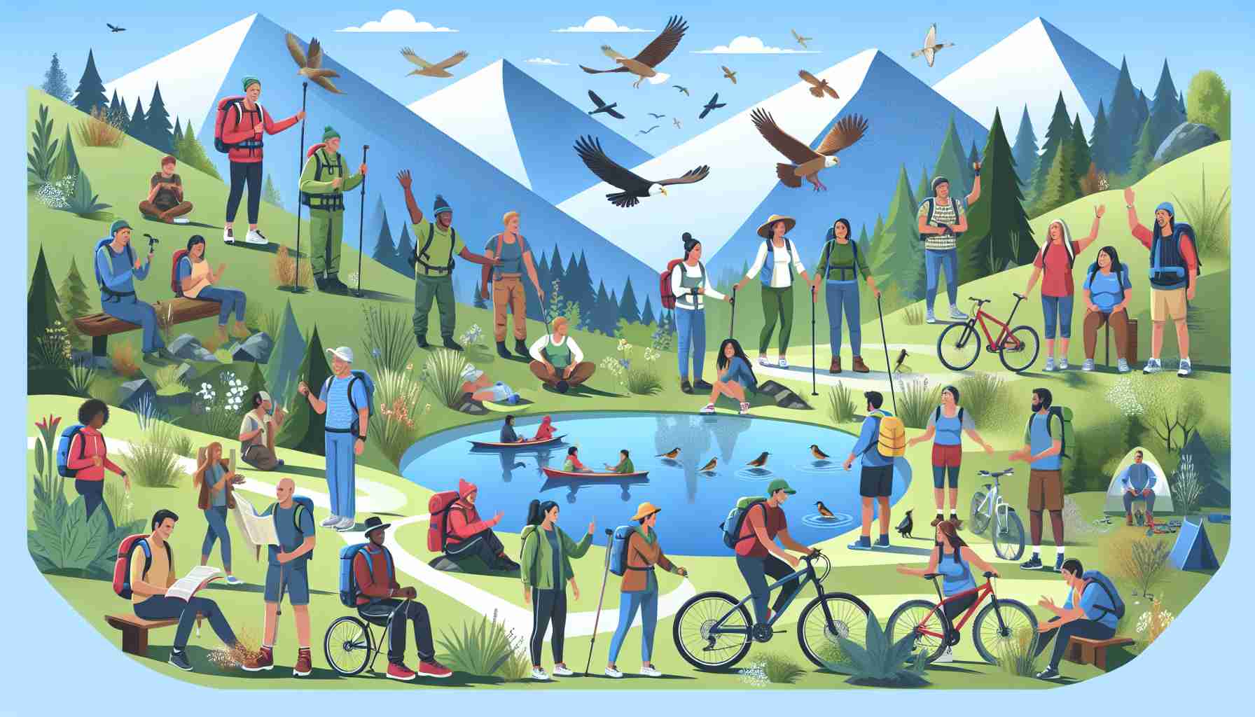 Generate a highly detailed infographic displaying scenes from varied outdoor recreational activities such as hiking, mountain biking, and bird watching. Showcase an inclusive group of people of different genders and ethnic descents like Caucasian, Black, Hispanic, South Asian, and Middle-Eastern participating equally and enthusiastically. Emphasize the concept of empowerment by depicting participants helping each other, leading activities, sharing knowledge and passion for the environment. The scene should be lifelike and in vibrant colors, capturing the beauty of nature and the joy of outdoor recreation.