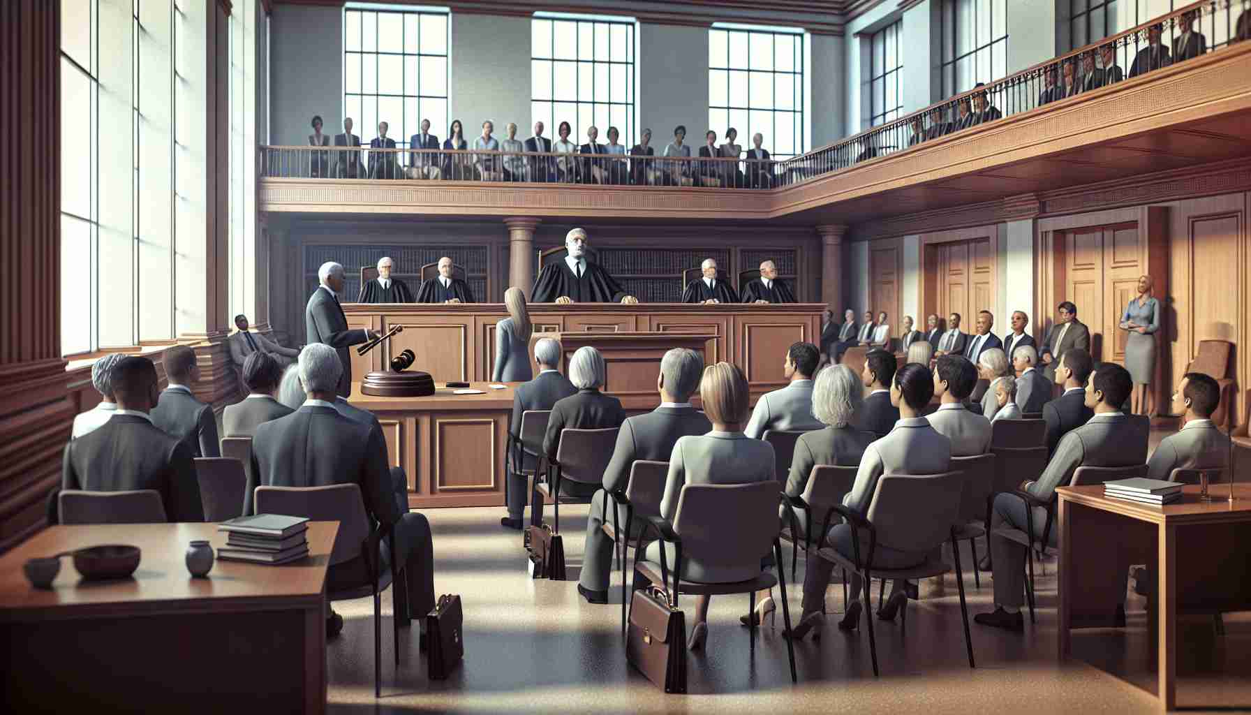 A high-definition, realistic and thought-provoking image of a courtroom setting, where a crucial decision concerning Allete's Pension Plans and its impact on Electricity Rates is being delivered. The court room is filled with concerned individuals, lawyers presenting arguments and the judge delivering the verdict that will affect the industry. The mood in the room is tense and expectant, and everyone is attentively listening to the verdict. Please ensure that the image perfectly capture these elements.