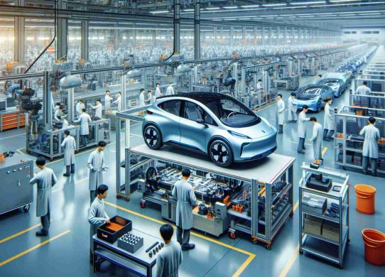 Depict a realistic, high-definition imagery that showcases a bustling Chinese automotive manufacturing factory. The focus of the operations should be on electric vehicle (EV) technology. Furthermore, highlight the efforts made by these manufacturers to retain advanced EV technology within China. Portray a diverse range of Chinese engineers of both genders, diligently working on the production line. Noteworthy features could include futuristic machinery, high-tech tools, and refined assembly lines, all representing the technological advancements made in the field of electric vehicles.