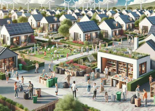 High-definition image visualizing the concept of expanding access to sustainable living in residential communities. Picture a variety of eco-friendly homes in a suburban setting with solar panels on the roofs, wind turbines in the background, and houses surrounded by lush, well-maintained gardens. Inhabitants are sorting recyclables in front of homes, and children are playing in a park with all play structures made from recycled materials. There's a community center hosting a workshop on composting. Include people of various genders and descents such as Caucasian, Hispanic, and South Asian equally.