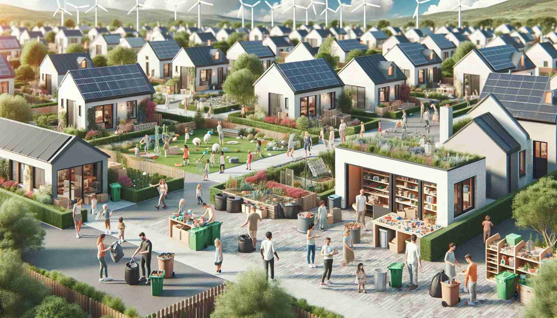 High-definition image visualizing the concept of expanding access to sustainable living in residential communities. Picture a variety of eco-friendly homes in a suburban setting with solar panels on the roofs, wind turbines in the background, and houses surrounded by lush, well-maintained gardens. Inhabitants are sorting recyclables in front of homes, and children are playing in a park with all play structures made from recycled materials. There's a community center hosting a workshop on composting. Include people of various genders and descents such as Caucasian, Hispanic, and South Asian equally.