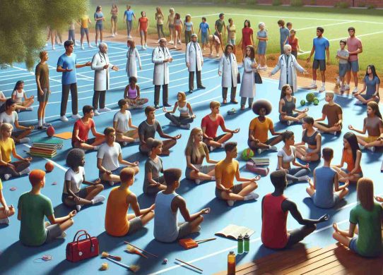 High-definition, realistic image of a scene that embodies prevention of tragedies, promoting wellness and safety for youth. It includes diverse teenagers from various descents such as Caucasian, Hispanic, Black, Middle-Eastern, South Asian, participating in healthy activities like yoga, meditation, sports, and studying. Wellness professionals- physicians, therapists appear, communicating safety procedures and educating them about wellbeing. It's a day time scene, with a vibrant atmosphere, often found in a community center or a park.