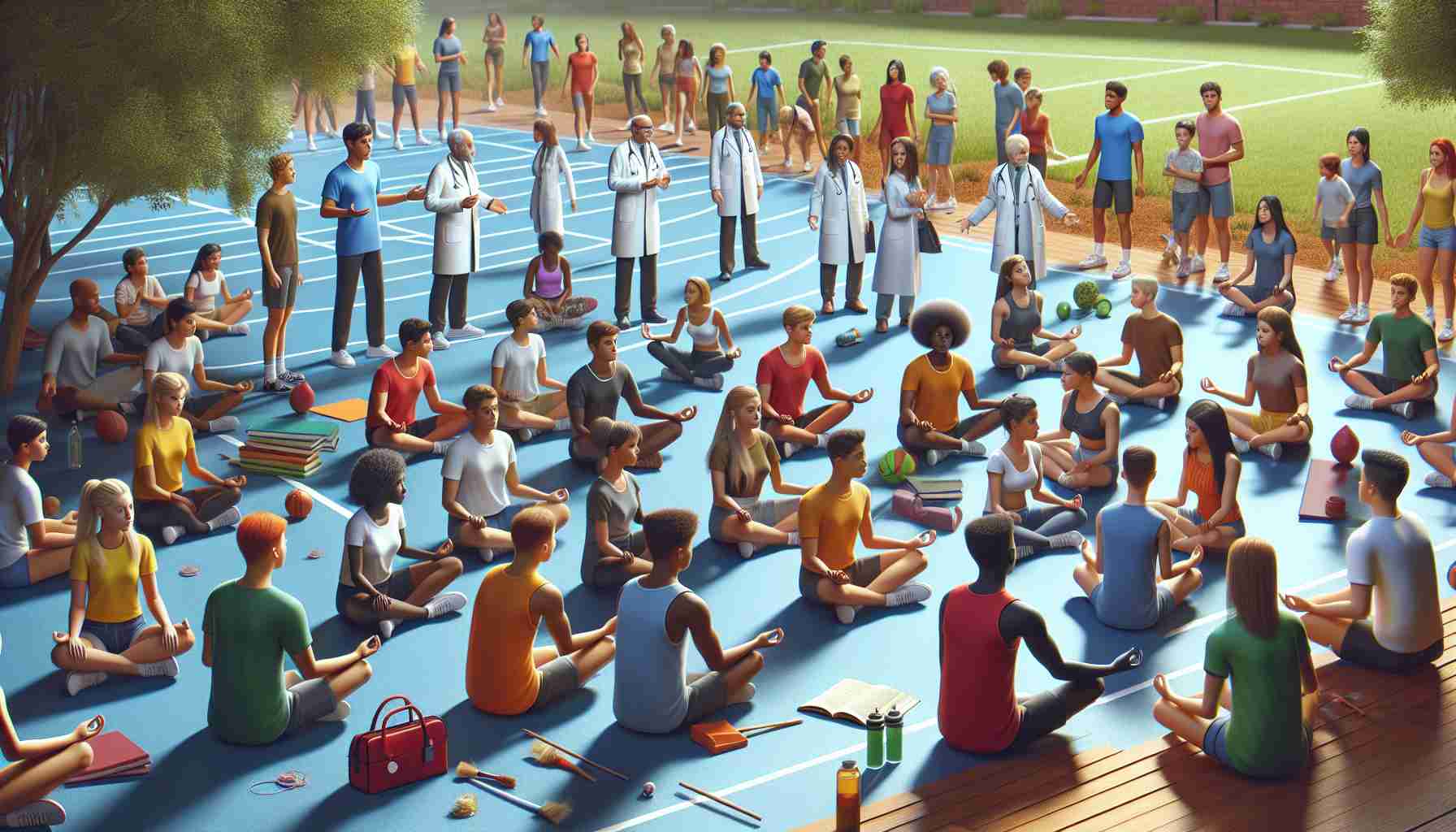 High-definition, realistic image of a scene that embodies prevention of tragedies, promoting wellness and safety for youth. It includes diverse teenagers from various descents such as Caucasian, Hispanic, Black, Middle-Eastern, South Asian, participating in healthy activities like yoga, meditation, sports, and studying. Wellness professionals- physicians, therapists appear, communicating safety procedures and educating them about wellbeing. It's a day time scene, with a vibrant atmosphere, often found in a community center or a park.