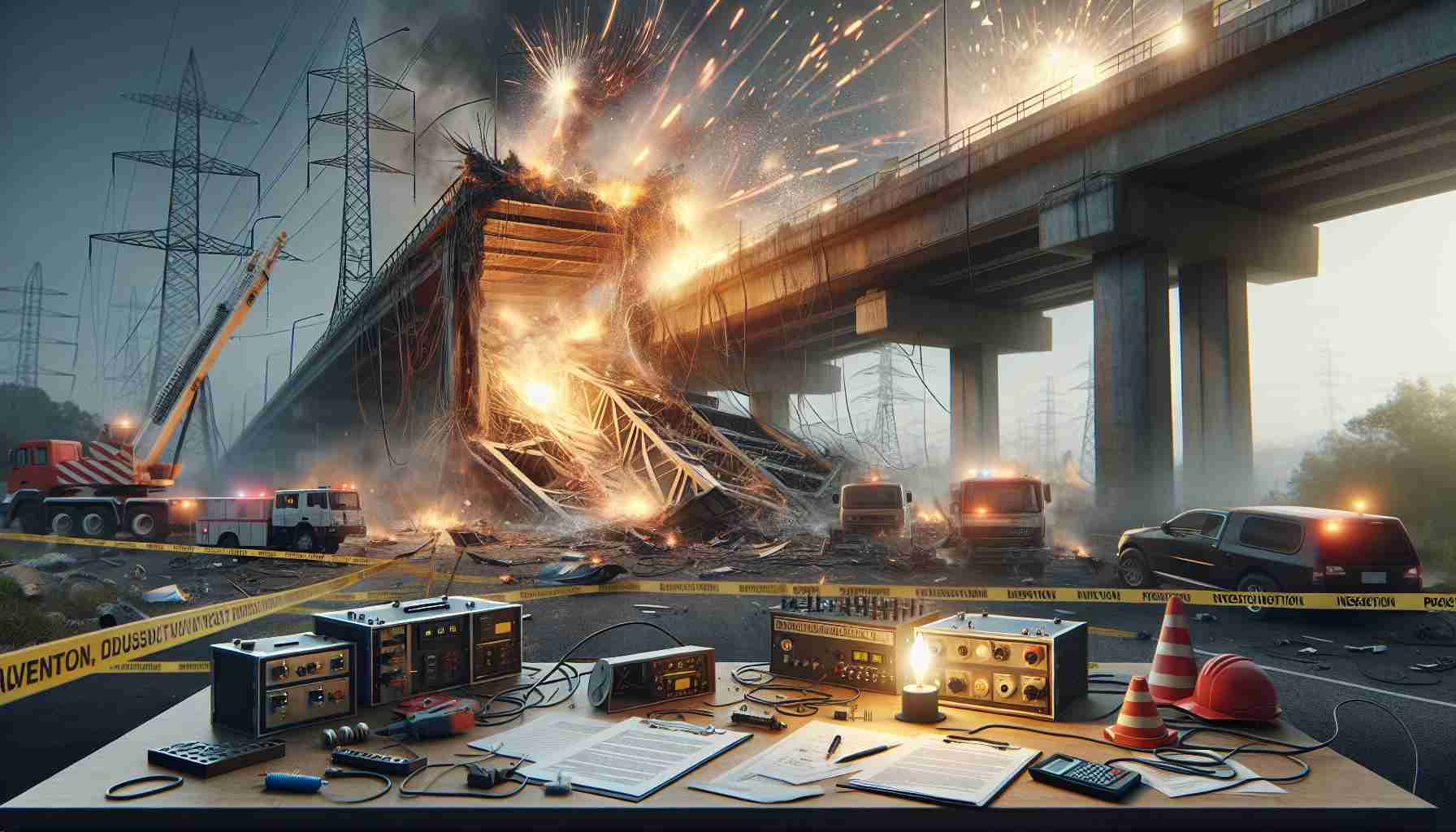 Generate a realistic, high-definition image that portrays an investigation revealing an electrical malfunction that caused a bridge to collapse. The image should show evidence of electrical failures such as sparks, burnt fuses, or damaged wiring. It should also include a collapsed bridge in the background, perhaps being studied by engineers or investigators. The environment could involve warning tape, work trucks, and official documentation scattered on a makeshift table. The scene should instill a sense of deep investigation into the unfortunate event.