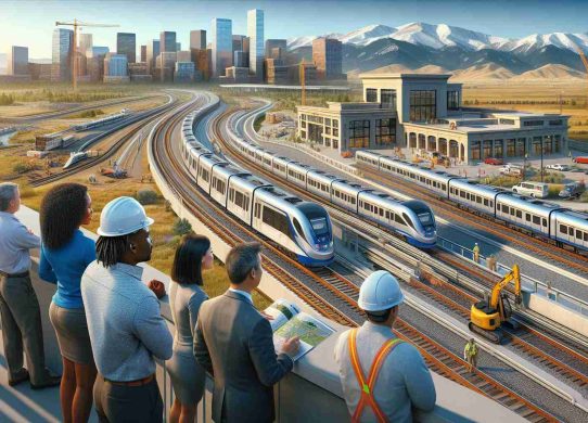 A high-definition and realistic image showcasing the exciting expansion of public transit in Colorado. The image should depict new, gleaming trains moving along pristine tracks, weaving through stunning Coloradan landscapes. Spectators, including a Black female engineer and a Hispanic male city planner, are observing the scene, signifying their pride in this remarkable infrastructure development. Various architectural designs of the newly built transit stations and construction workers of diverse descents, genders, and roles should also be visible, telling a story of development and cooperation.