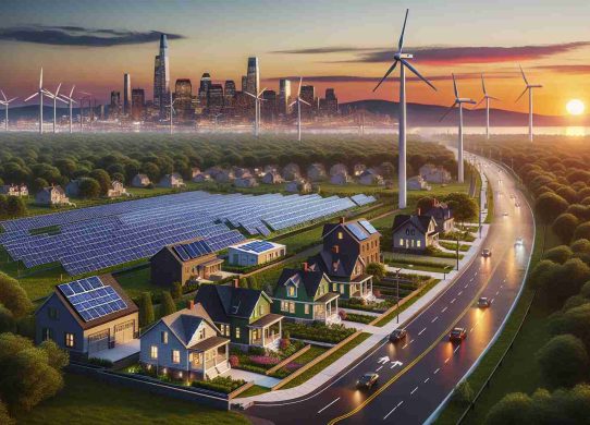 High definition, realistic scene of energy-saving solutions being explored in New Jersey. The image should include solar power panels installed on suburban houses, and wind turbines erected on green fields, their blades proudly catching the wind. The setting sun paints the sky with a pallette of warm colors, with the lush green hills and a bustling urban skyline of New Jersey in the backdrop. Square batteries storing solar energy can be seen at the side of the houses and small electric cars can be seen on the streets, symbolizing the progression towards sustainable energy.