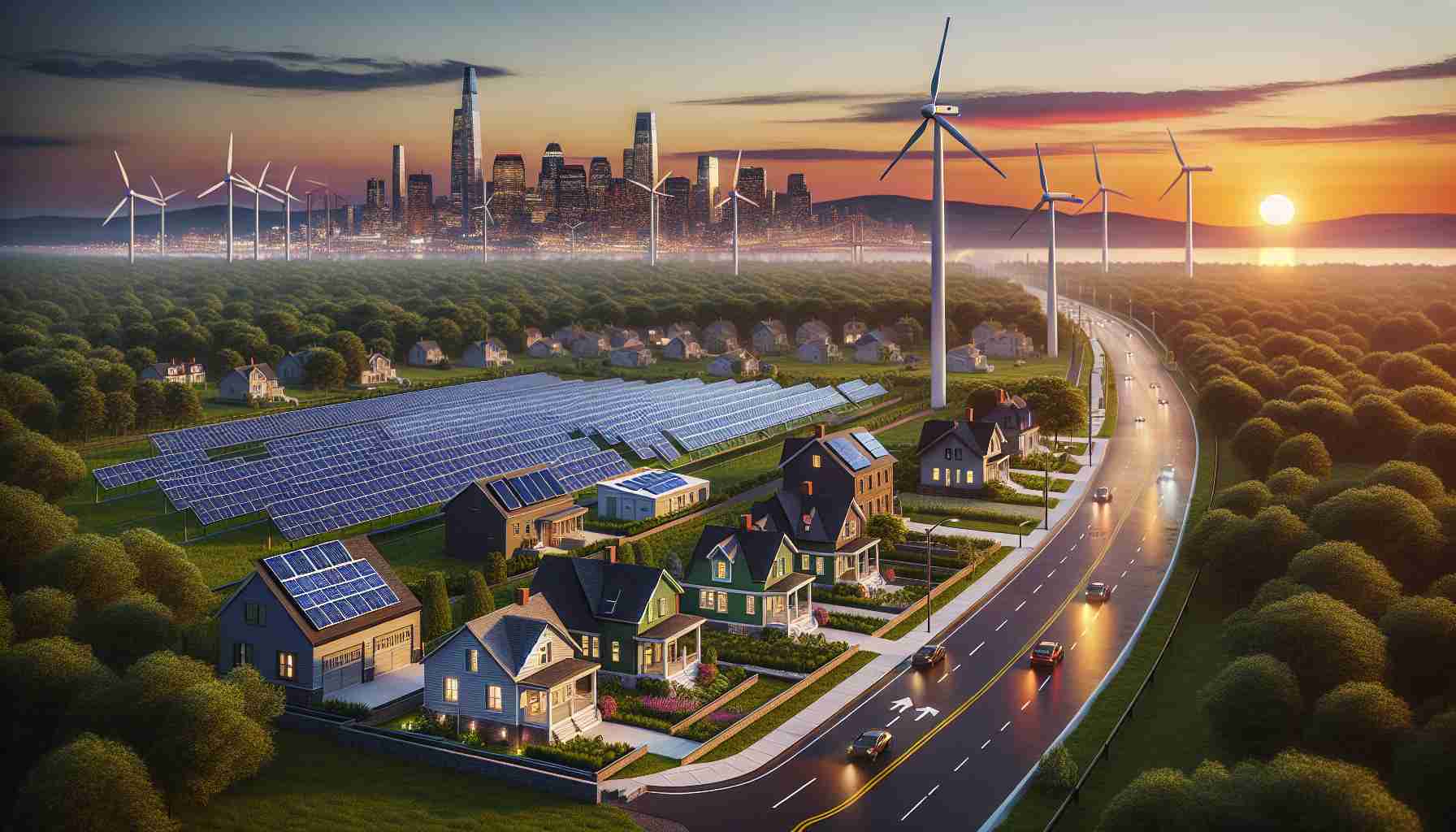 High definition, realistic scene of energy-saving solutions being explored in New Jersey. The image should include solar power panels installed on suburban houses, and wind turbines erected on green fields, their blades proudly catching the wind. The setting sun paints the sky with a pallette of warm colors, with the lush green hills and a bustling urban skyline of New Jersey in the backdrop. Square batteries storing solar energy can be seen at the side of the houses and small electric cars can be seen on the streets, symbolizing the progression towards sustainable energy.