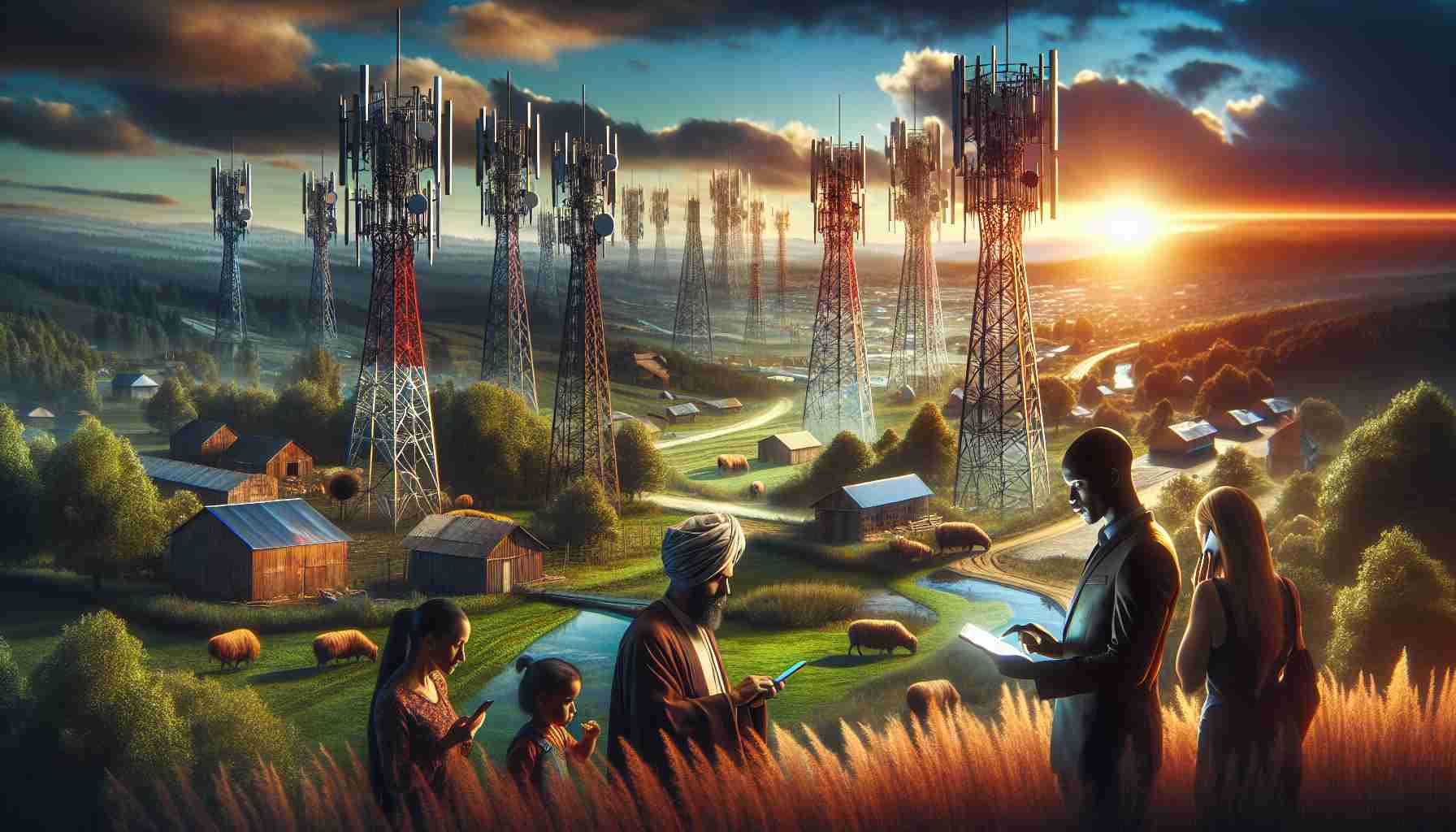 A high-definition, realistic image signifying the theme of 'Expanding Horizons: The Era of Rural Connectivity'. Visualize the breakthrough in rural telecommunications in the form of newly erected cell towers amid rustic landscapes, a fusion of traditional and advanced technology. Create a sense of contrast between the verdant landscapes and the metallic towers. Also, include rural dwellers: a Middle Eastern man using a digital tablet, a Black woman holding a smartphone, a Caucasian male gazing at the tower, all depicting how rural connectivity has transformed their life. Capture a sunrise or sunset at the backdrop, representing new opportunities and dawning future.